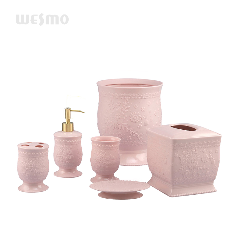 High quality stylish solid pink porcelain 6 piece bathroom accessories set for girls